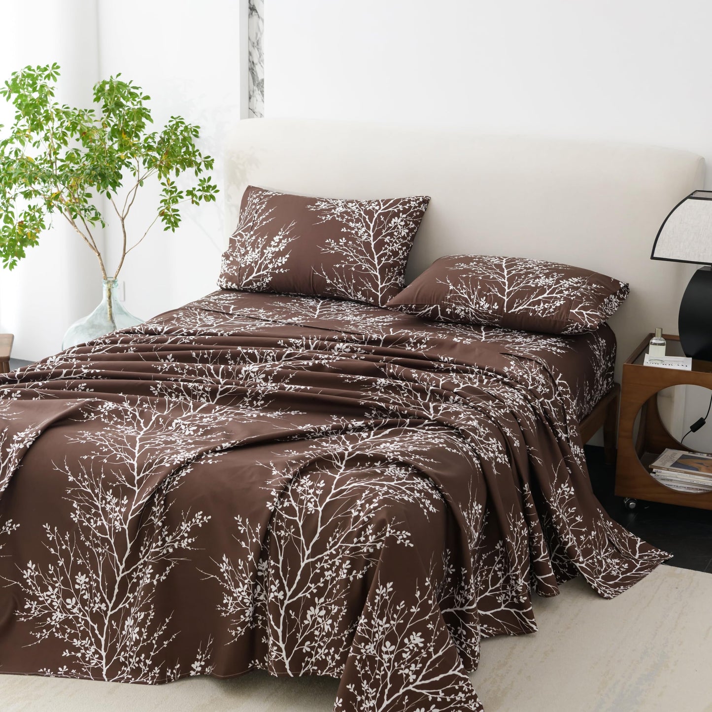 Spirit Linen home Full Size Sheets Set - Pure Microfiber 4 Piece Polyester Bed Sheets, Fitted Sheet & Pillow Cases - Full Sheets for All Seasons (Foliage Chocolate/White, Full)