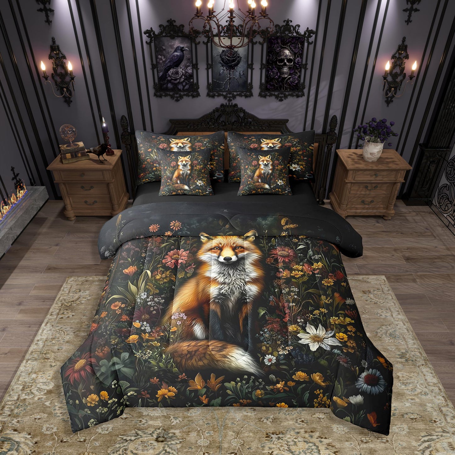 Erosebridal Fox Comforter Set King Size,Cartoon Zoo Animal Bedding Set for Kids Teens,Oil Art Garden Floral (Comforter+Fitted+Flat Sheet+2 Pillowcases+2 Throw Pillow Covers) 7 Pieces Bed Set
