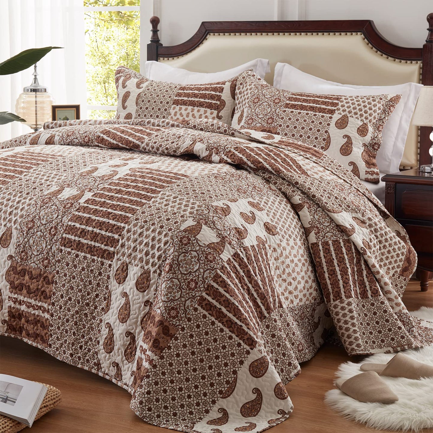 LEAONME Quilt Set King Size 3 Piece Bedspread Coverlet Lightweight Comforter Microfiber Reversible Bedding Set for All Season Oversized 98x106 Inch Bed Cover Paisley Brown (1 Quilt, 2 Pillow Shams)