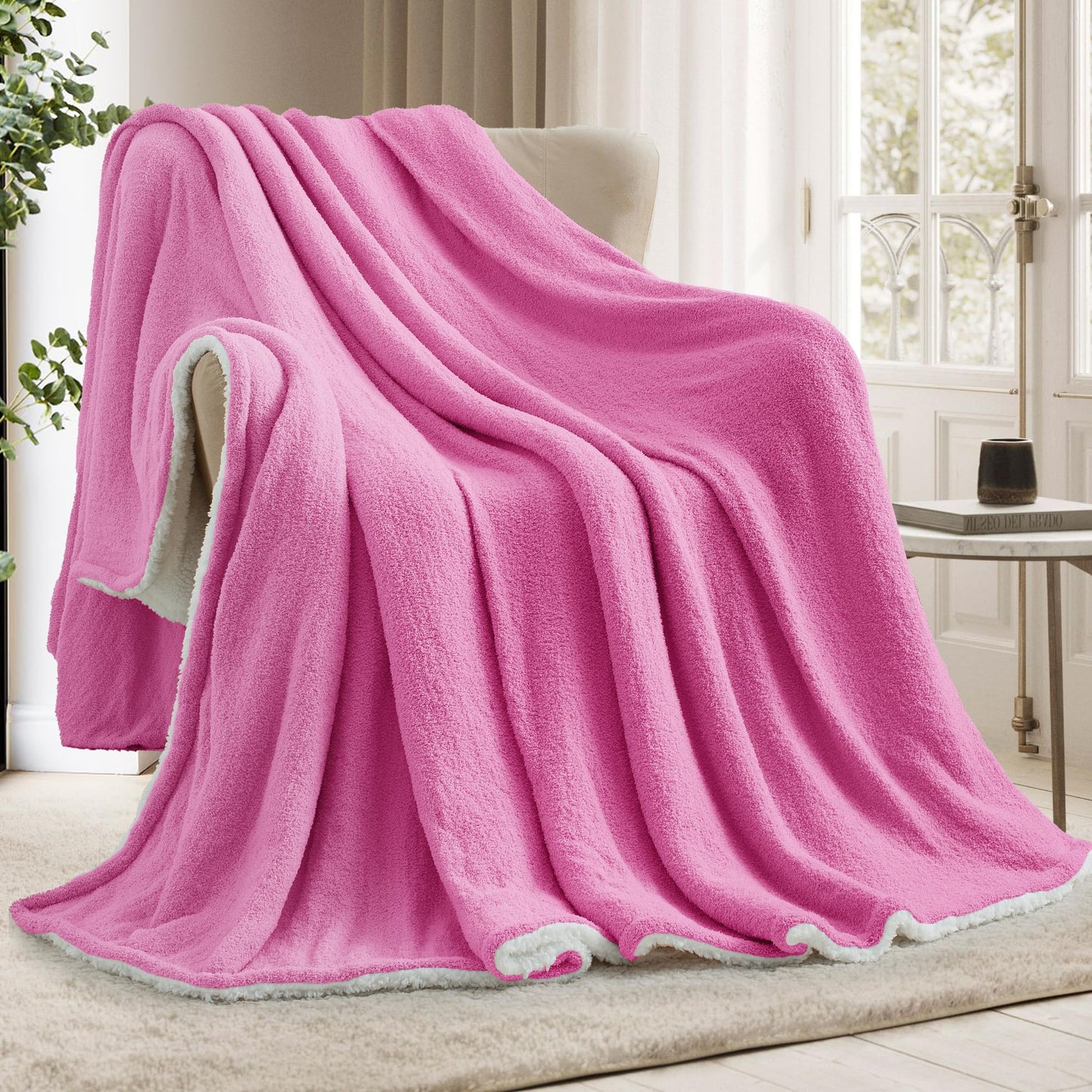 LONG CREATE Ultra Soft Sherpa Fleece Blanket 90"X 90" Queen Size, 480GSM Big Cozy and Warm Knit Throws for Winter, Fuzzy and Plush Reversible Thick Blankets for Couch Bed Sofa, Hot Pink