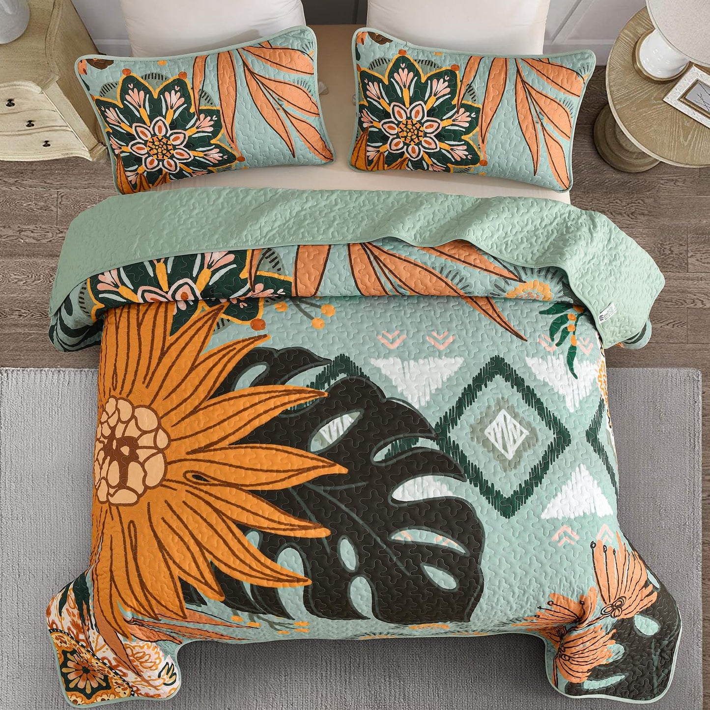 DJY Boho Floral Quilt Set Queen Size Sage Green Bedspread Coverlet Botanical Farmhouse 3 Piece Quilt Bedding Set, Reversible Microfiber Bed Cover for All Season, 90''x96''
