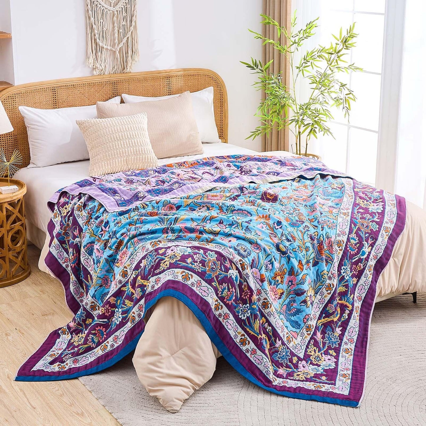 XIBLC Fall Blanket for Bed, 100% Cotton Soft Rustic Boho Throw Blanket Quilt, 60"x80" Farmhouse Decor Bed Flower Blankets, Light Weight Reversible Bohemian Throw Quilt