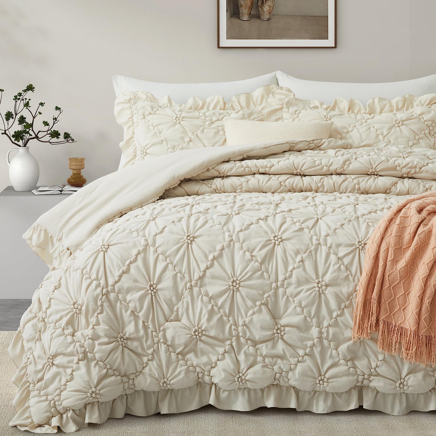 BEDAZZLED King Size Comforter Sets, Beige Bedding Comforter Set, 3 Pieces Pinch Pleat Bedding Sets with Comforter and Pillowcases Soft Farmhouse Shabby Chic Comforter for All Season