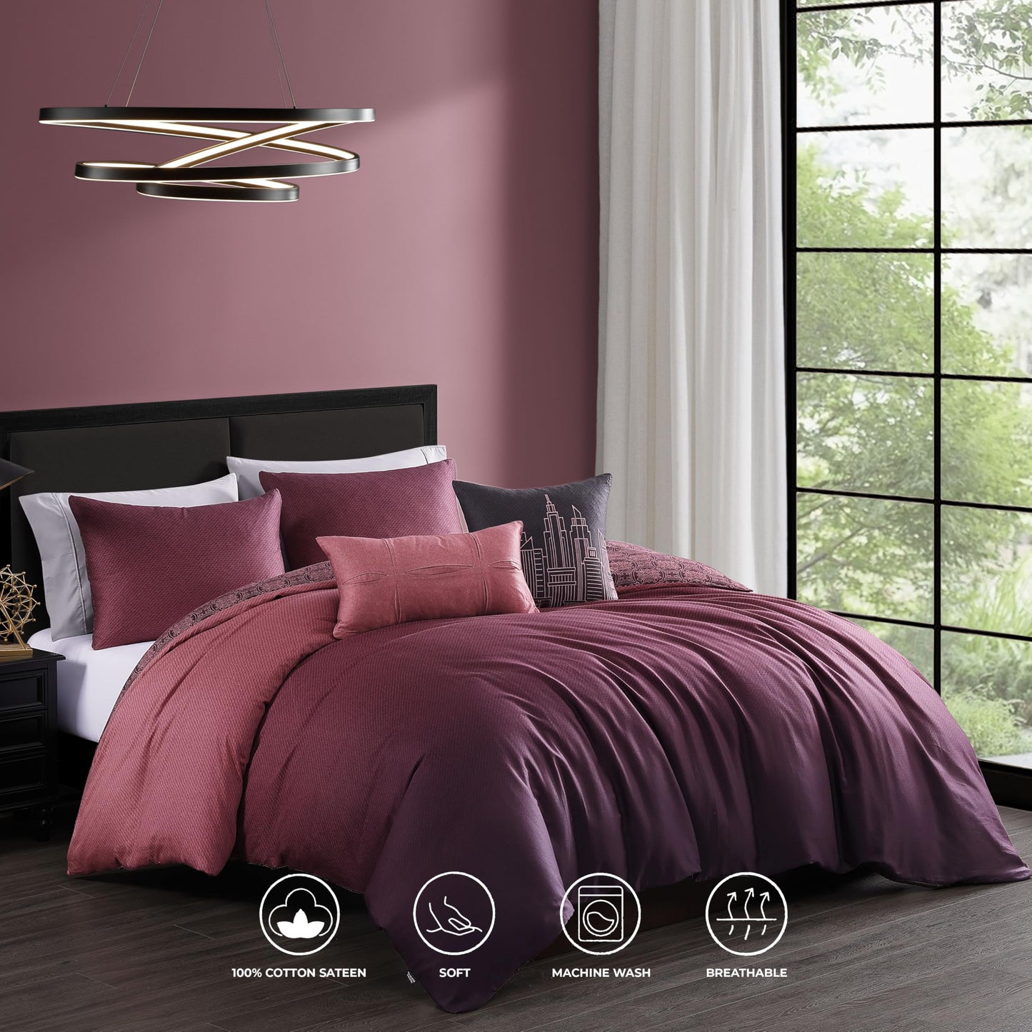 Bebejan Mauve Dreams 5 Piece Comforter Set, 100% Cotton Sateen, 220 Thread Count, Textured Reversible Bedding Comforter Set, 1 Comforter, 2 Shams & 2 Pillows (King/Cal King)
