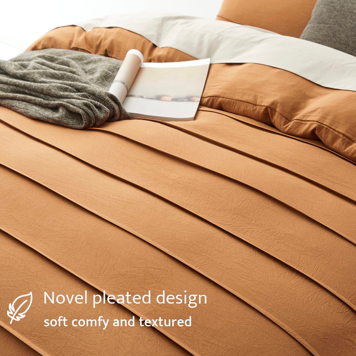 Oli Anderson Pumpkin Brown Duvet Cover Queen Size - Pleated Queen Duvet Cover, 3PCS Soft and Breathable Textured Bedding Set with Zipper Closure(Pumpkin Brown,90"x90")