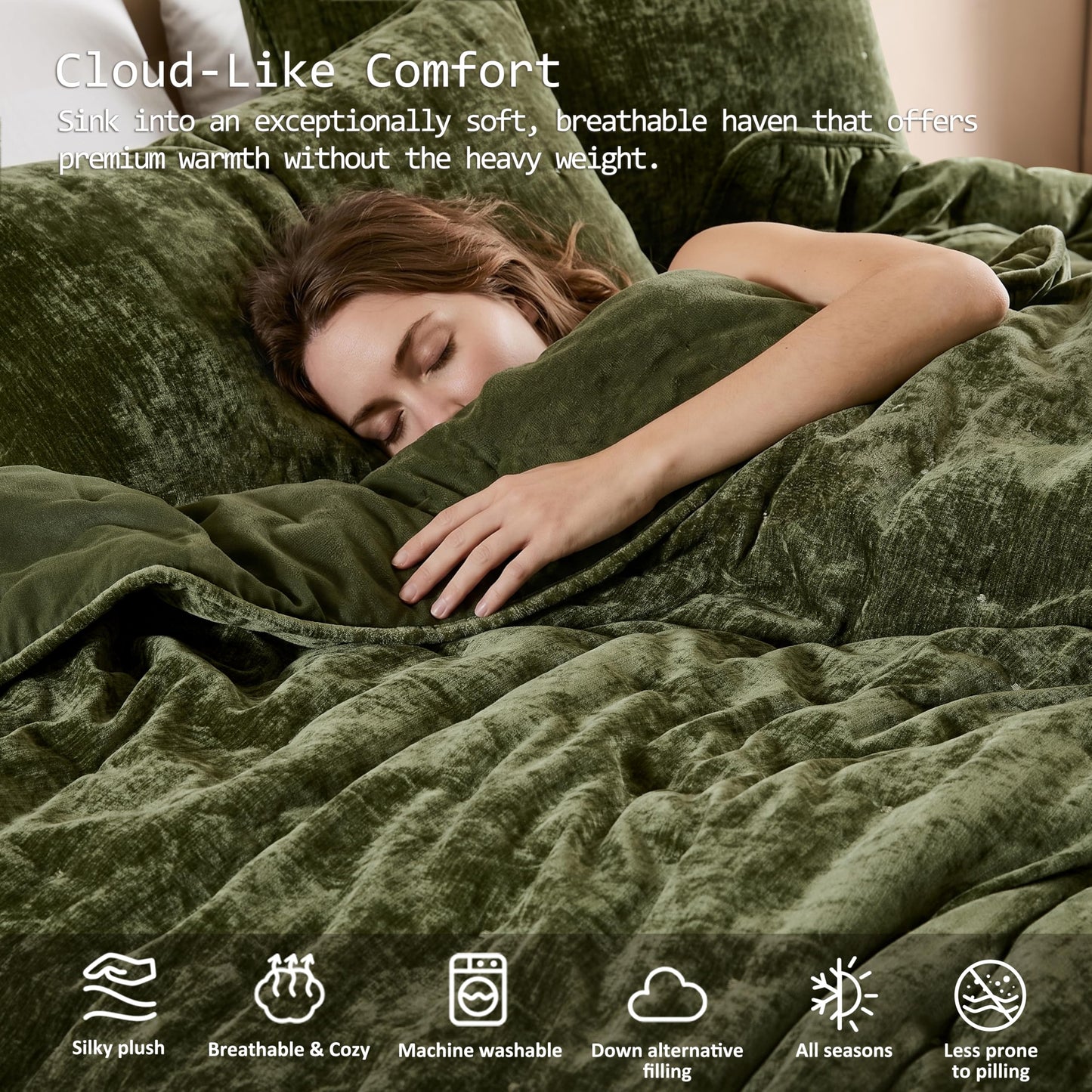 WDCOZY Chenille Velvet Queen Size Quilt Set - Olive Green Cloud Soft Lightweight Bedspread, Deep Forest Green Farmhouse Country Rustic Coverlet, Modern Bedding Warm Thin Comforter, 3 Pieces
