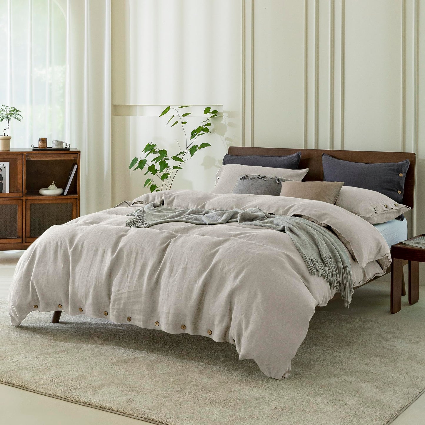EVERLY 100% Pure Linen Duvet Cover Set Queen Size90X90Inch 3pcs (1 Duvet Cover,2 Pillowcases) Soft and Breathable for All Season with Coconut Button Closure, Suitable for Hot Sleepers-Linen-Queen