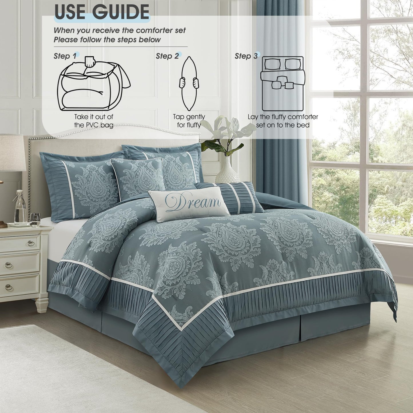 LANCO MODERN LIFESTYLE Blue Queen Comforter Set 7 Pieces, Jacquard Woven with Damask, Bedding Set in a Bag Includes Comforter, Bed Skirt, Pillow Shams, and Decorative Pillows