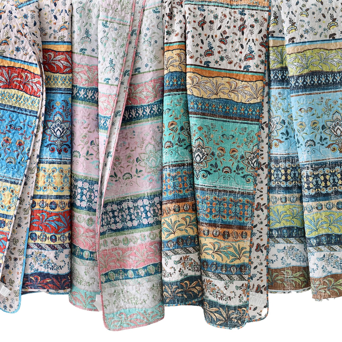 HORIMOTE HOME Boho Style Queen Quilt Set Pink Bohemian Floral Strip Quilt Beddding Set, Soft and Lightweight Bedspread for All Season, Full Size Bed Coverlet with 2 Matching Pillow Shams (3 Pieces)