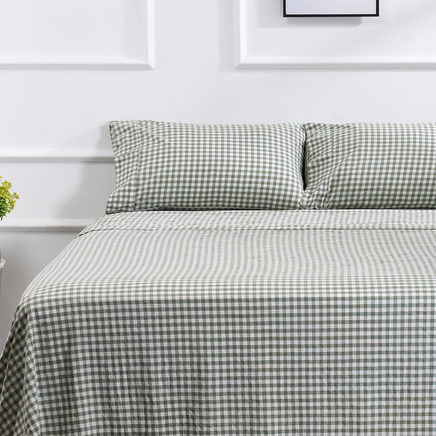 100% Cotton Full Sheet Set - 4 Piece Cotton Sheets Full Size Bed Set, Soft, Smooth, Durable, Easy Care, 16" Deep Pocket Checkered Green Sheets - 1 Flat, 1 Fitted, 2 Pillowcases
