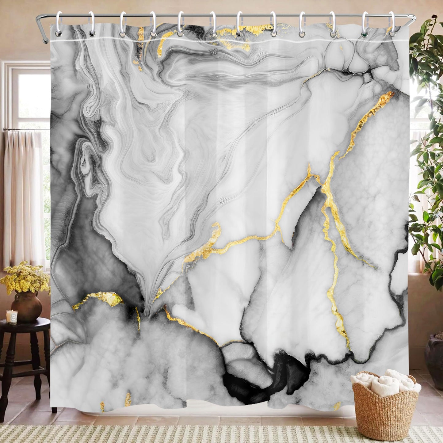 Mayormyth Shower Curtain Black Marble Modern Abstract Shower Curtains for Bathroom Decor Luxury Ink Texture Shower Curtain Set with Hooks Polyester Waterproof Cloth Fabric with Hooks