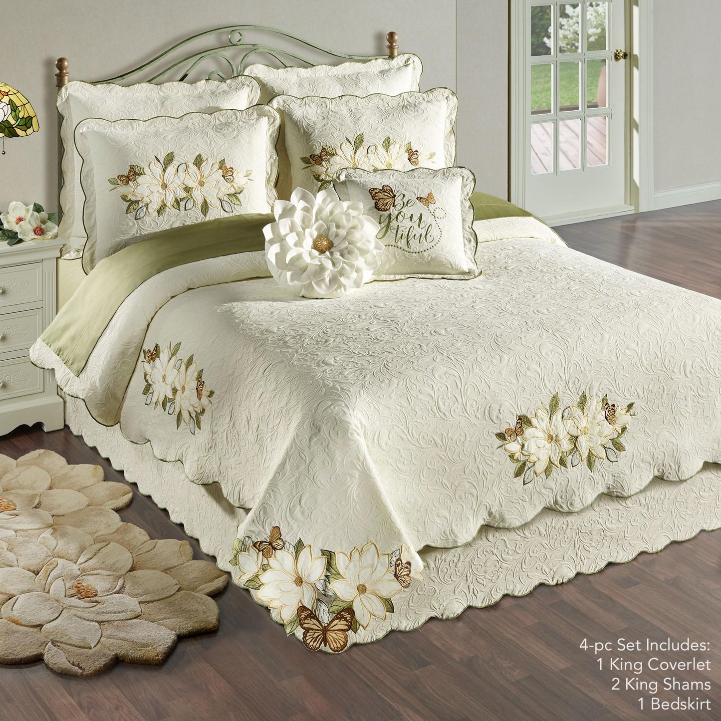 Sweetbay Garden Luxury Matelasse Bedding | Magnolia Flower, Butterfly, & Leaf Velvet Appliques | 4-Pc Ivory Textured Scroll Lightweight Bed Set with Oversized King Coverlet, Bedskirt, and 2 King Shams