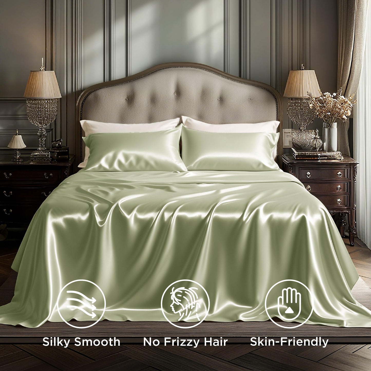 Bedsure Satin Sheets Full Size - 4 Piece Silky Bedsheets with 15 Inches Deep Pocket Fitted Bedsheet,1 Flat Sheet, 2 Satin Pillowcases, Good for Hair & Skin (Full, Light Green)