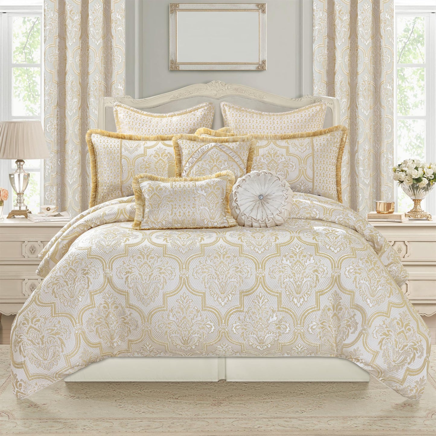Loom and Mill 9-Piece Comforter Bed in a Bag, Elegant Damask Floral Comforter Sets King Size, All Season Jacquard Bedding Sets with Bed Skirt, Euro Shams and Decorative Pillows(Beige Gold, King)