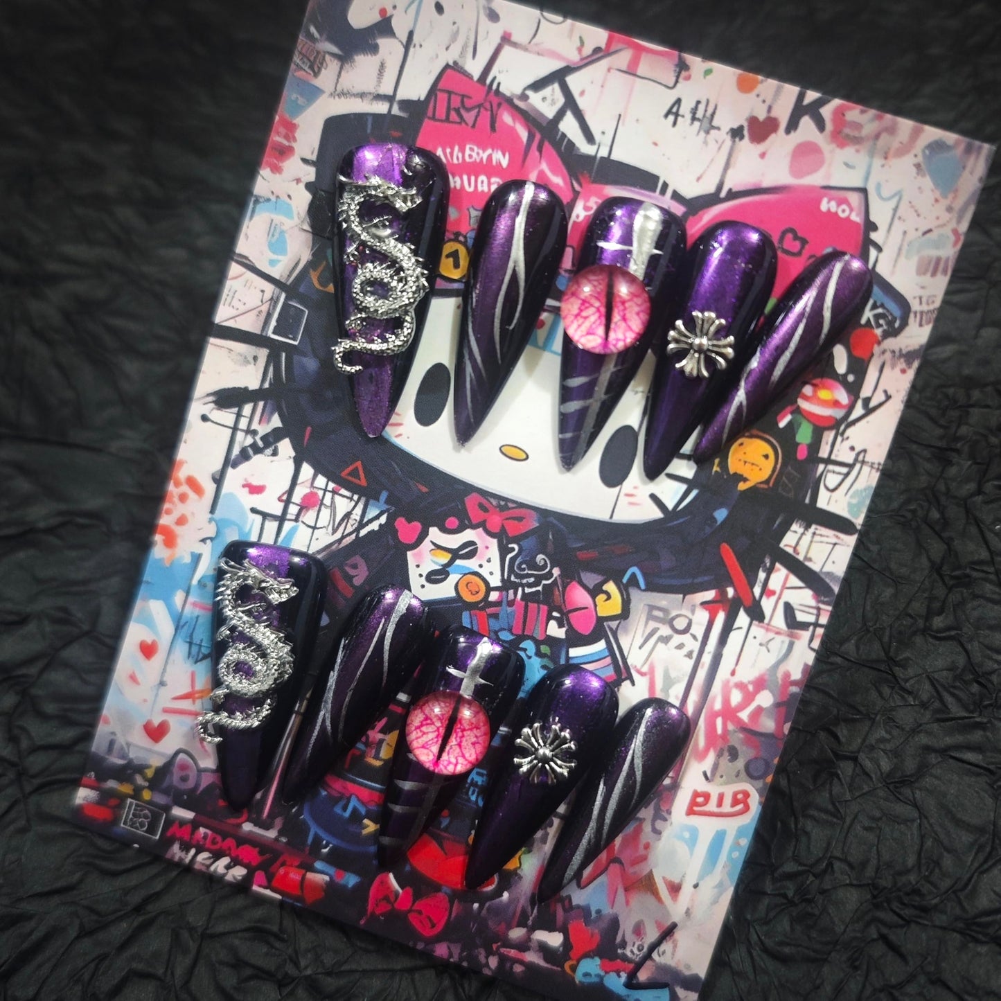 Handmade Press On Nails 10Pcs Dark Gothic Style Manual Starlight Fake Nails for Women Party Holiday Photo 3.2CM Size L