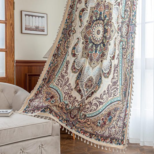 Erbnaryx Brown Medallion Curtains 72 Inches Long, Vintage Paisley Boho Farmhouse Light Filtering Rod Pocket Drapes with Tassel Trim for Bedroom Living Room, 2 Panels