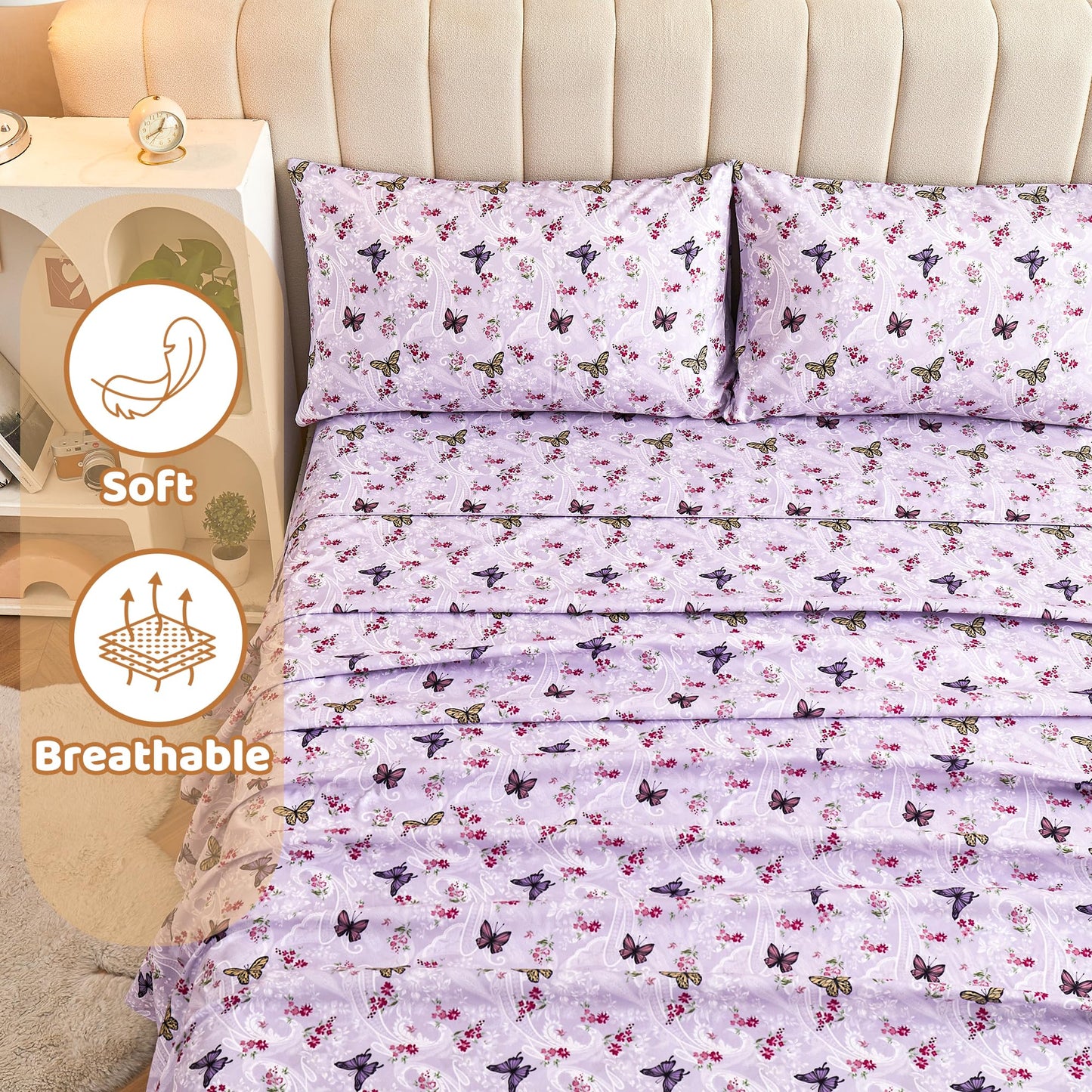 Softan Floral Twin Size Sheet Set, Purple Paisley Flower Printed Sheets for Kids Girls, Brushed Microfiber Fitted Sheet with 15" Deep Pocket & Non-Slip Straps, Butterfly Patterned Sheets