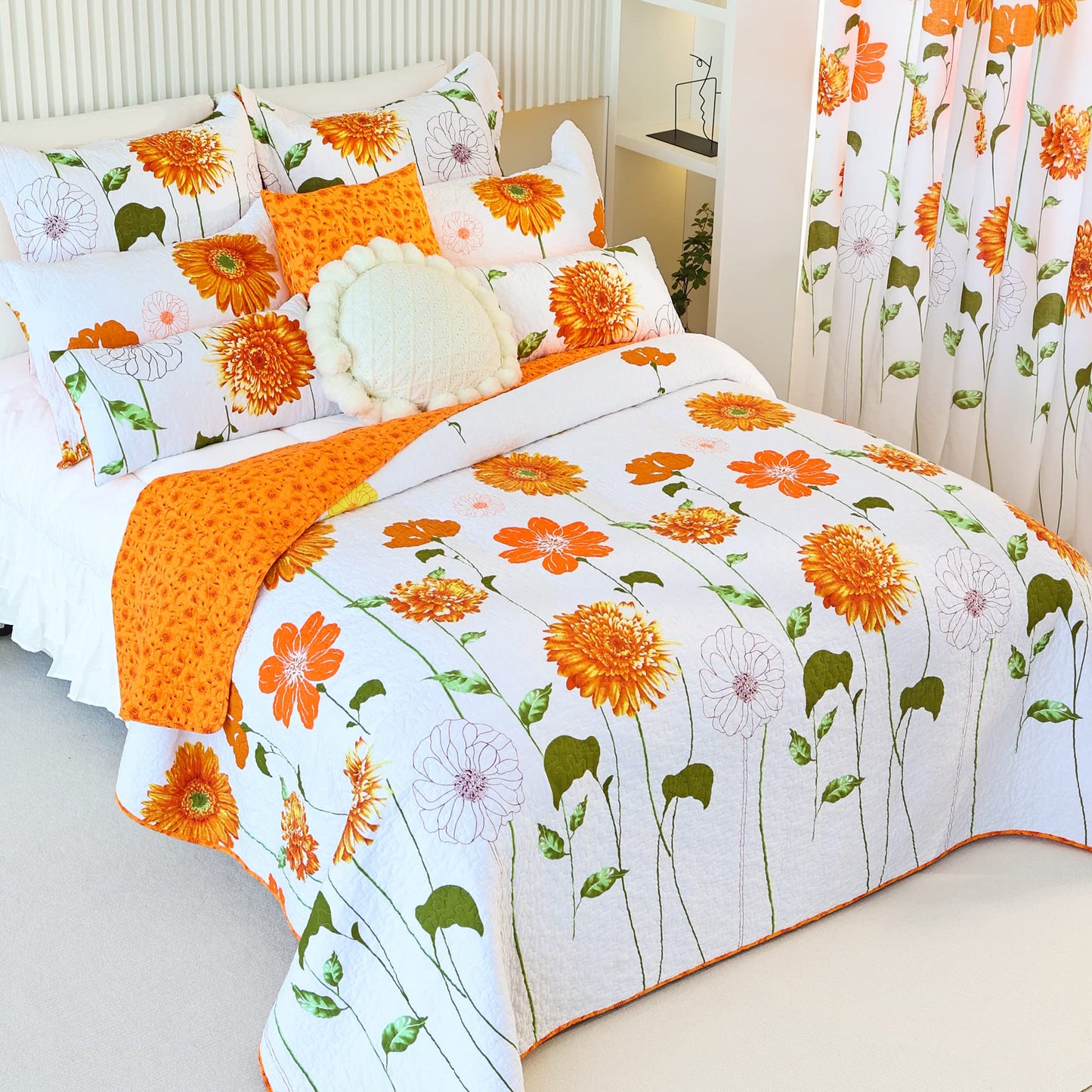 EVENHUG 100% Cotton Quilt Queen Size Orange Sunflower Bedding Set Floral Lightweight Full Quilt Reversible Coverlet Bedspread with 2 Pillow Shams All Seasons 3 Pieces (92"x96")