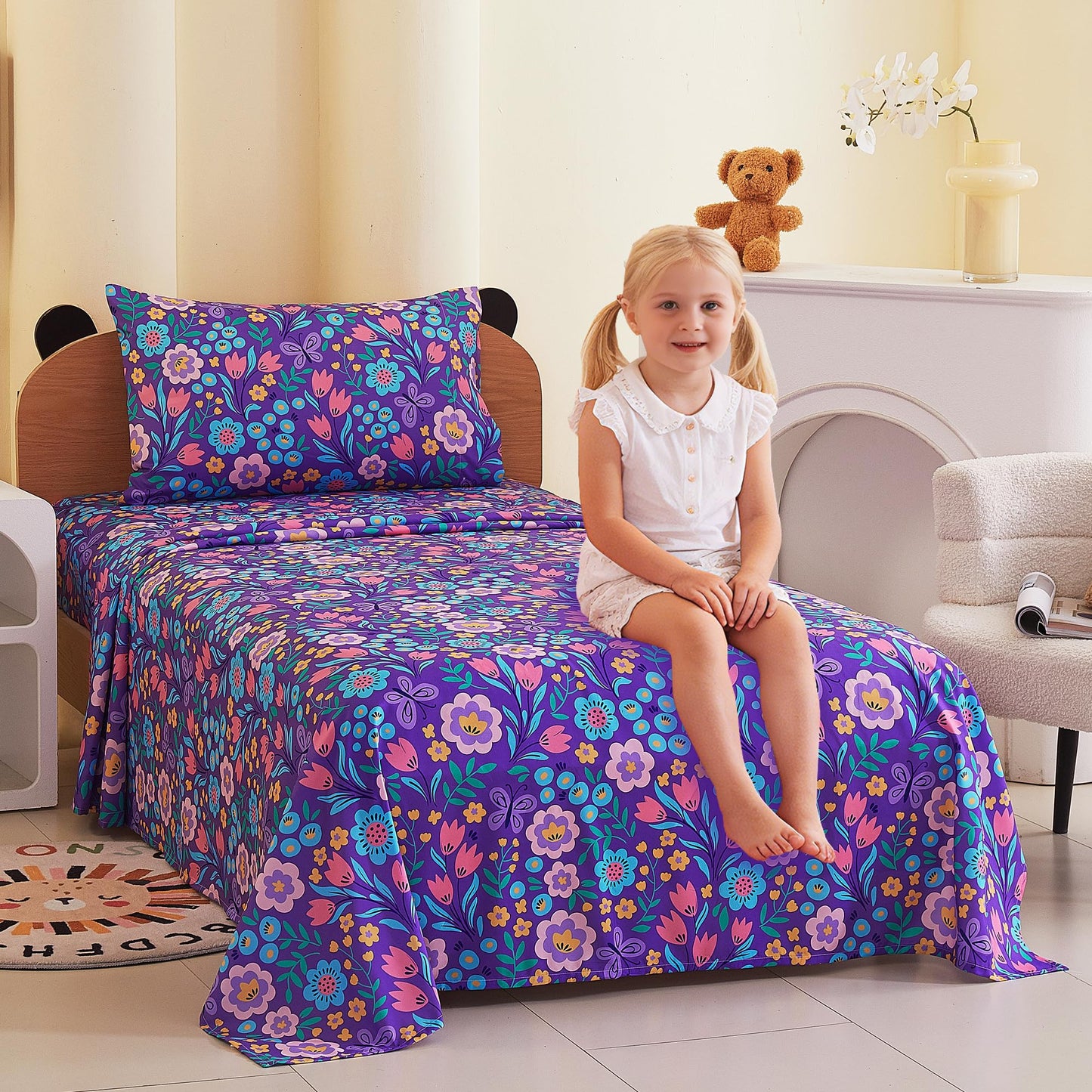Softan Kids Bed Sheet Set, 3-Piece Twin Sheets Set, Microfiber Fitted Sheet with Corner Straps, Breathable & Silky Soft Purple Flower Butterfly Pattern Sheet and Pillowcase Sets