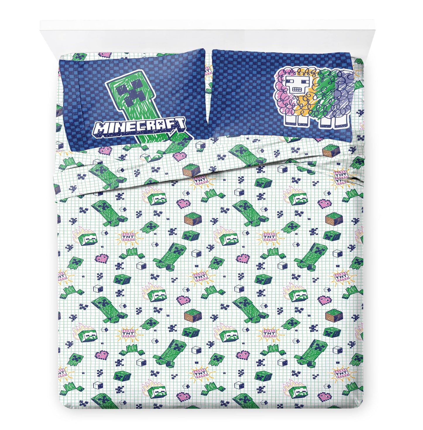 Jay Franco Kids Comforter Set Includes Sheets and Pillow Covers - Soft and Cozy Bed Set for Stylish Room Decor, Blue - Minecraft 02, 7 Piece Queen Bedding