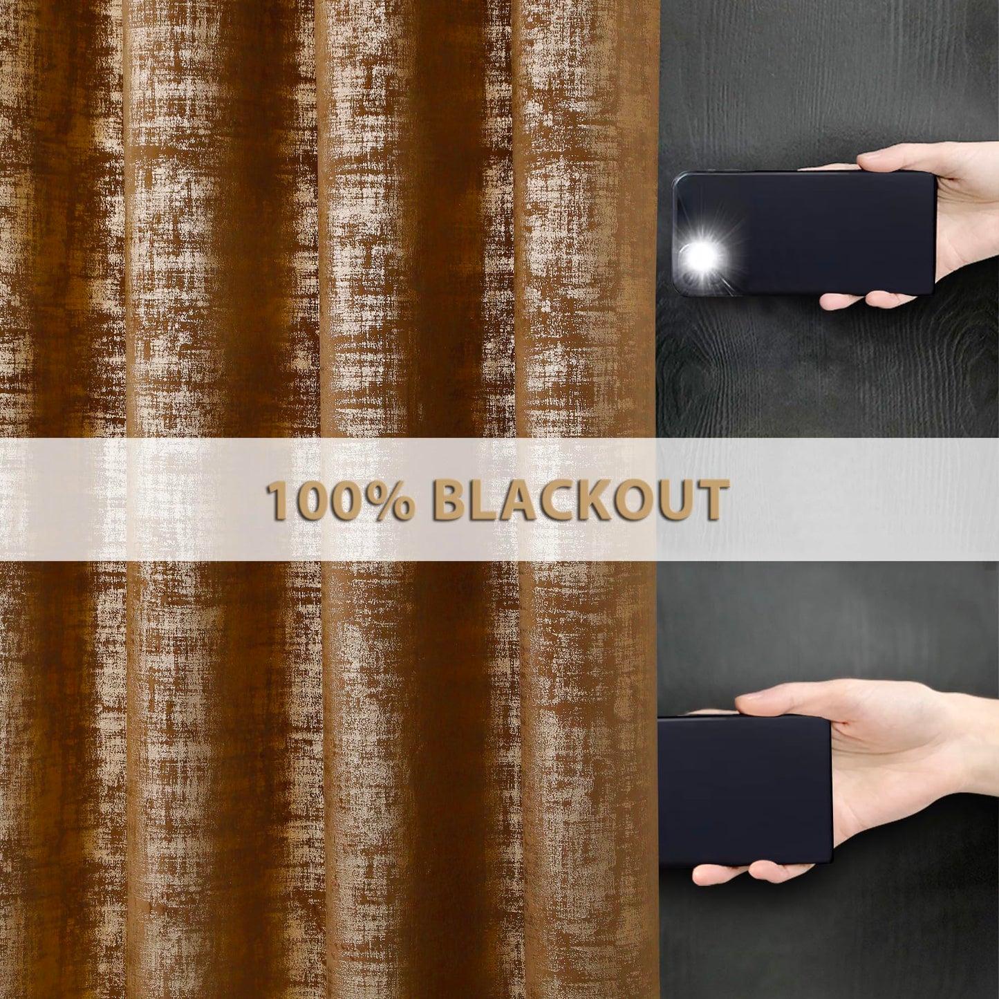 always4u 100% Blackout Soft Velvet Curtains for Bedroom Living Room Thermal Energy Saving 84 Inches Long Luxury Gold Foil Print Drapes 2 Panels Caramel