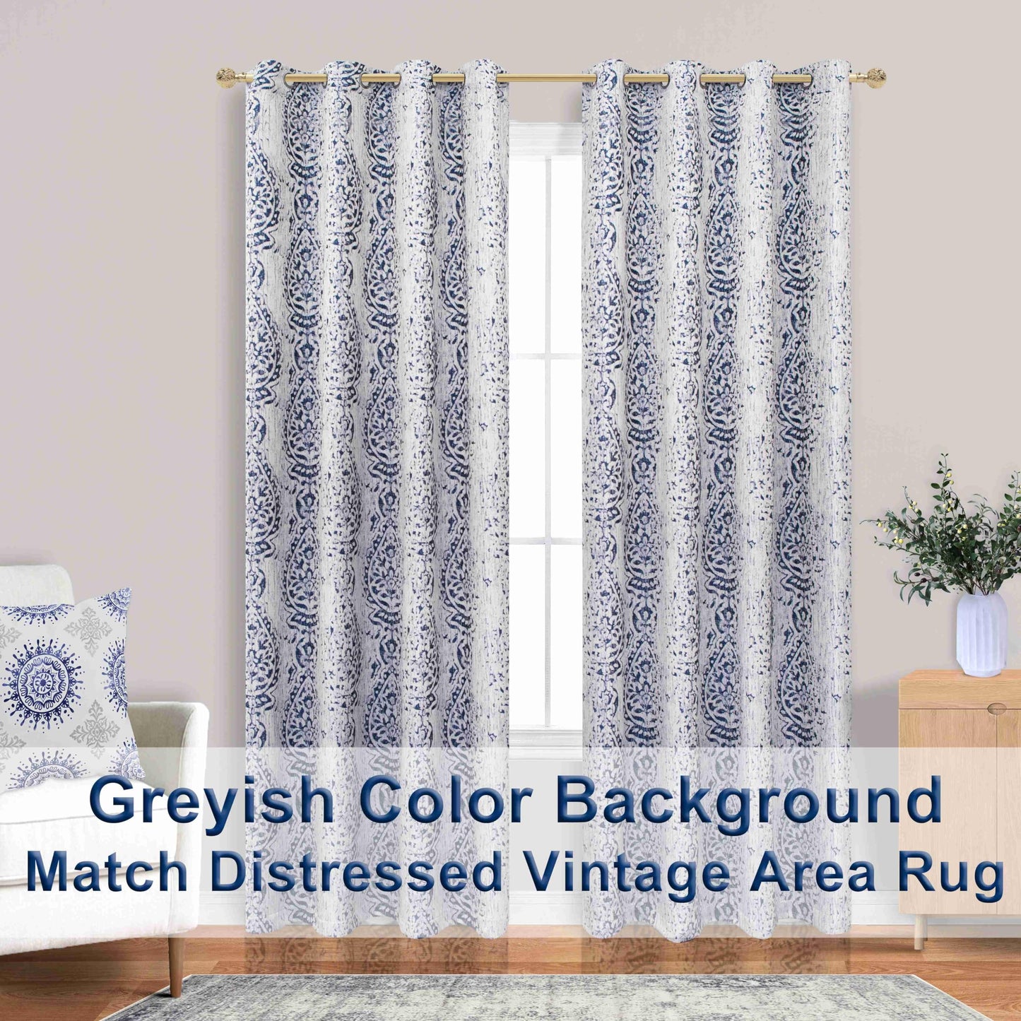 84 Inch Length Navy Blue Pattern Curtains for Living Room 2 Panel Set Grommet Damask Medallion Print Textured Grey Cream White Jacquard 50% Blackout Darkening Window Curtain Drapes for Bedroom