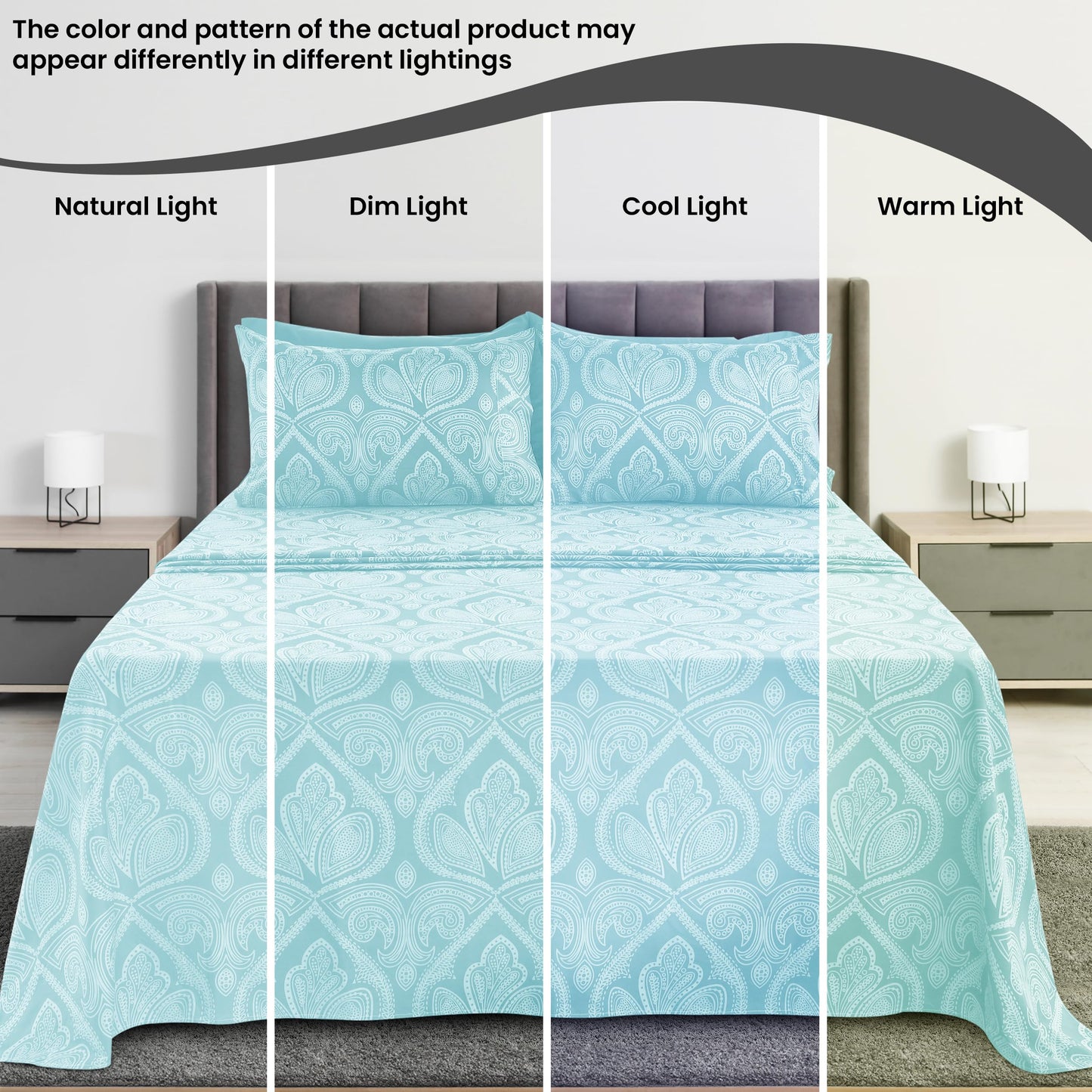 Ultra Soft Wrinkle-Free Microfiber Paisley Twin XL Sheet Set, Cute Floral Pattern Boho Print – 16" Deep Pocket Fitted Sheet, Flat Sheet & 2 Pillowcases, Breathable, OEKO-TEX - Blue