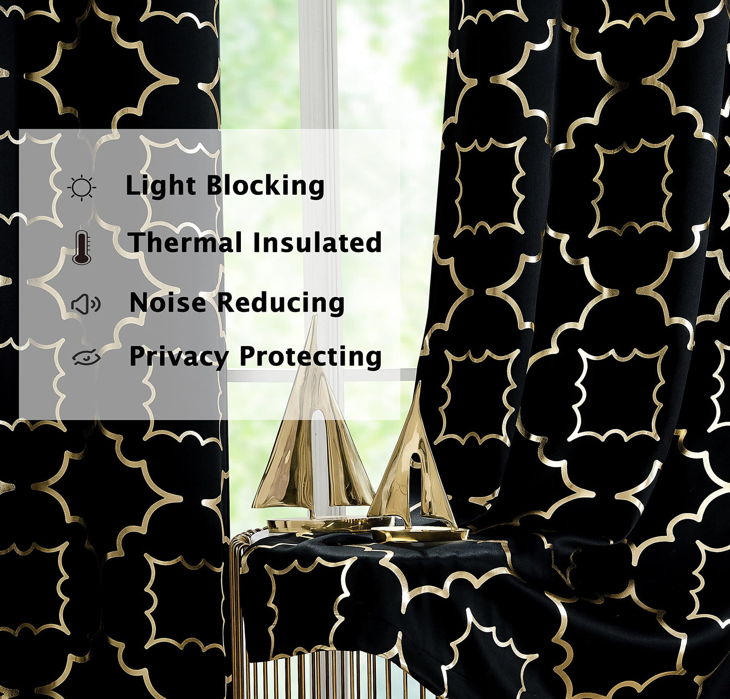 Purainbow Black Blackout Curtains for Bedroom Living Room with Gold Foil Print Panels Room Darkening Energy Saving Grommet 95% Blackout Drapes for Patio Hall Studio, 2 Panels, 52" Wx63 L