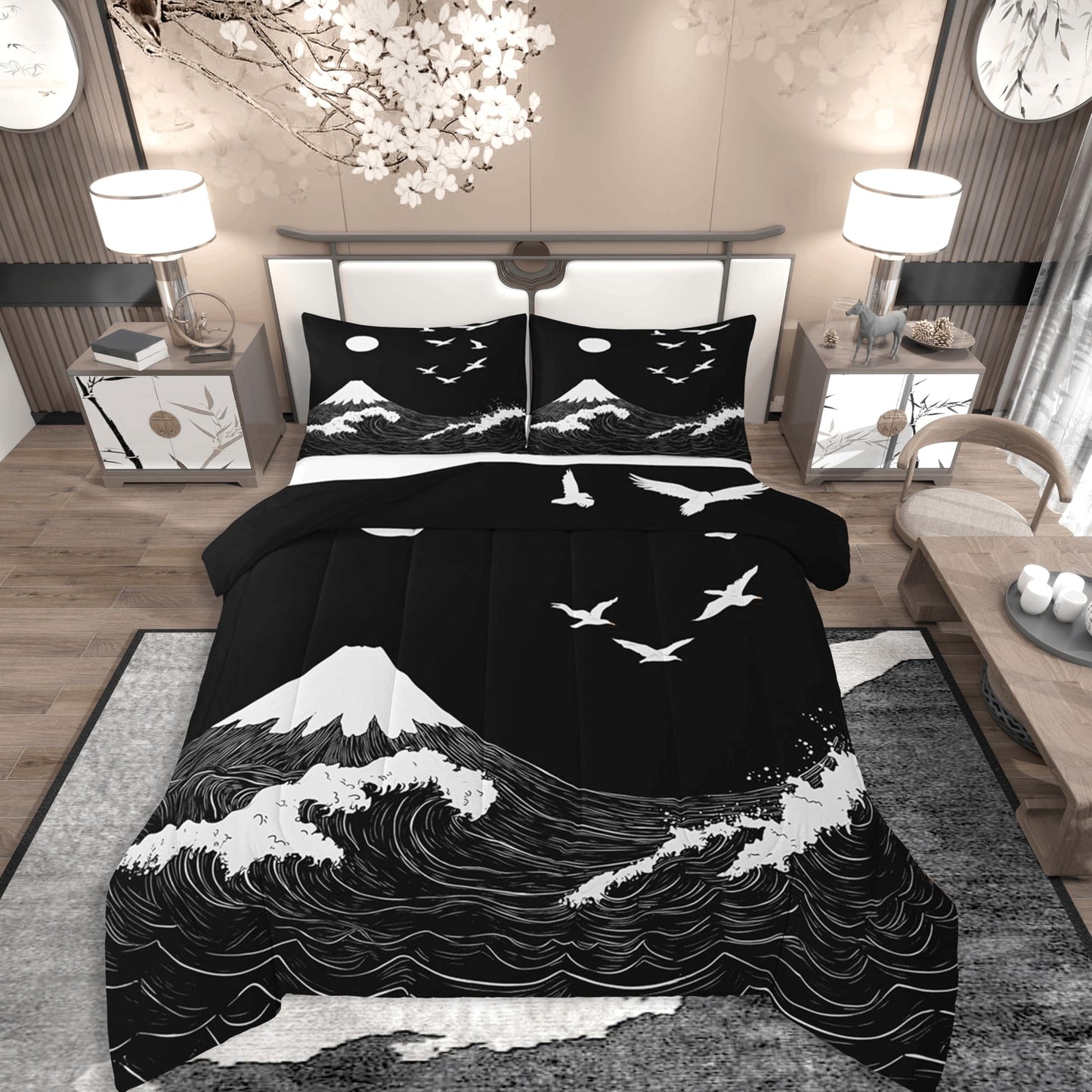 jejeloiu Black Japanese Style Comforter Set Queen Size Wave Bedding Set for Kids Boys Girls Mountain Duvet Quilt Ocean Wave Bedroom Decor Microfiber 3 Pcs with 2 Pillow Cases