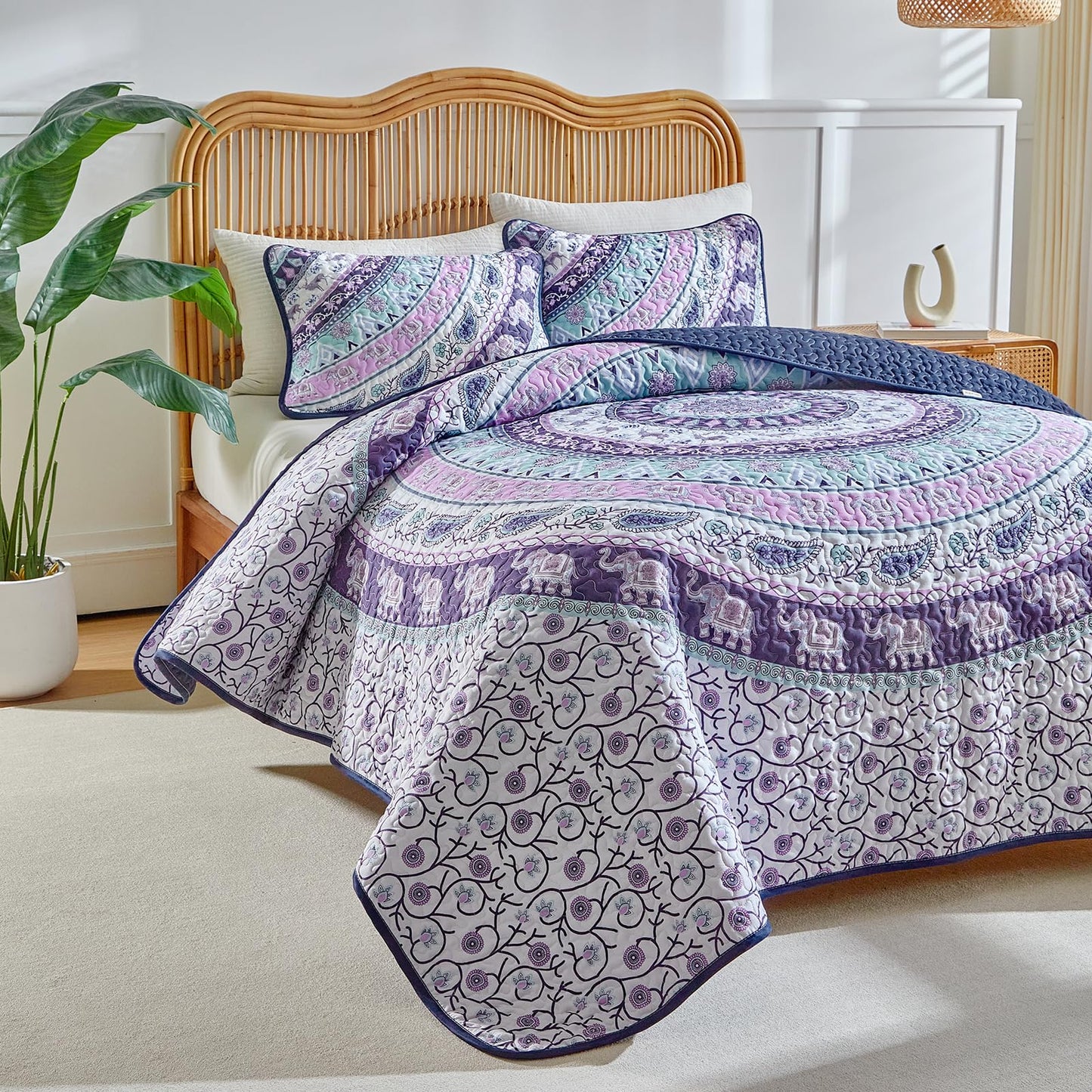 Boho Quilt Set Queen Size - Reversible Bohemian Quilt Bedding Set, 3 Pieces Colorful Lightweight Microfiber Bedspread Purple Elephant Paisley Circle Coverlet Set with 2 Pillow Shams for All Seasons