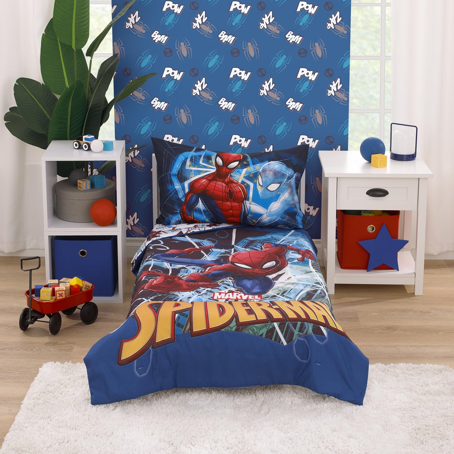 NoJo Marvel Spiderman to The Rescue Red, White, and Blue 4 Piece Toddler Bed Set - Comforter, Fitted Bottom Sheet, Flat Top Sheet, and Reversible Pillowcase