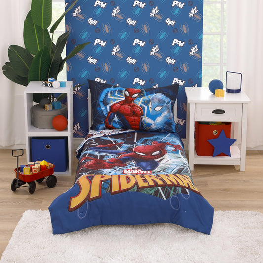 NoJo Marvel Spiderman to The Rescue Red, White, and Blue 4 Piece Toddler Bed Set - Comforter, Fitted Bottom Sheet, Flat Top Sheet, and Reversible Pillowcase