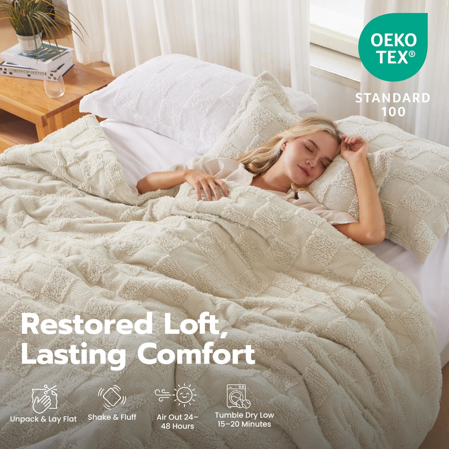 Joiedomi King Size Comforter Set, 3 Pieces Beige Boho King Bedding Set with 1 Plaid Geometric Comforter and 2 Pillow Shams, Checkered Bed in a Bag for All Seasons
