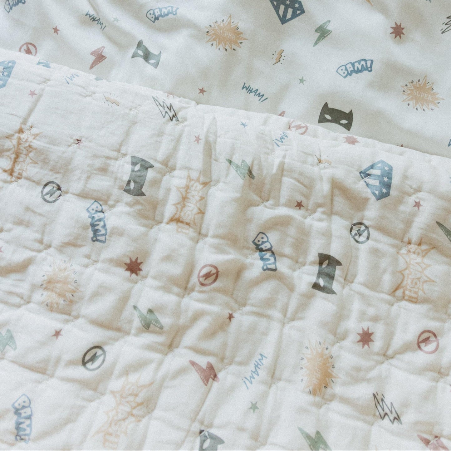 MakeMake Organics Organic Baby Comforter GOTS Certified Organic Kids Blanket Cotton Infill Tufted - Reversible Ultra Soft Breathable Boys Girls Superheros (30"x40", Mighty Heros)