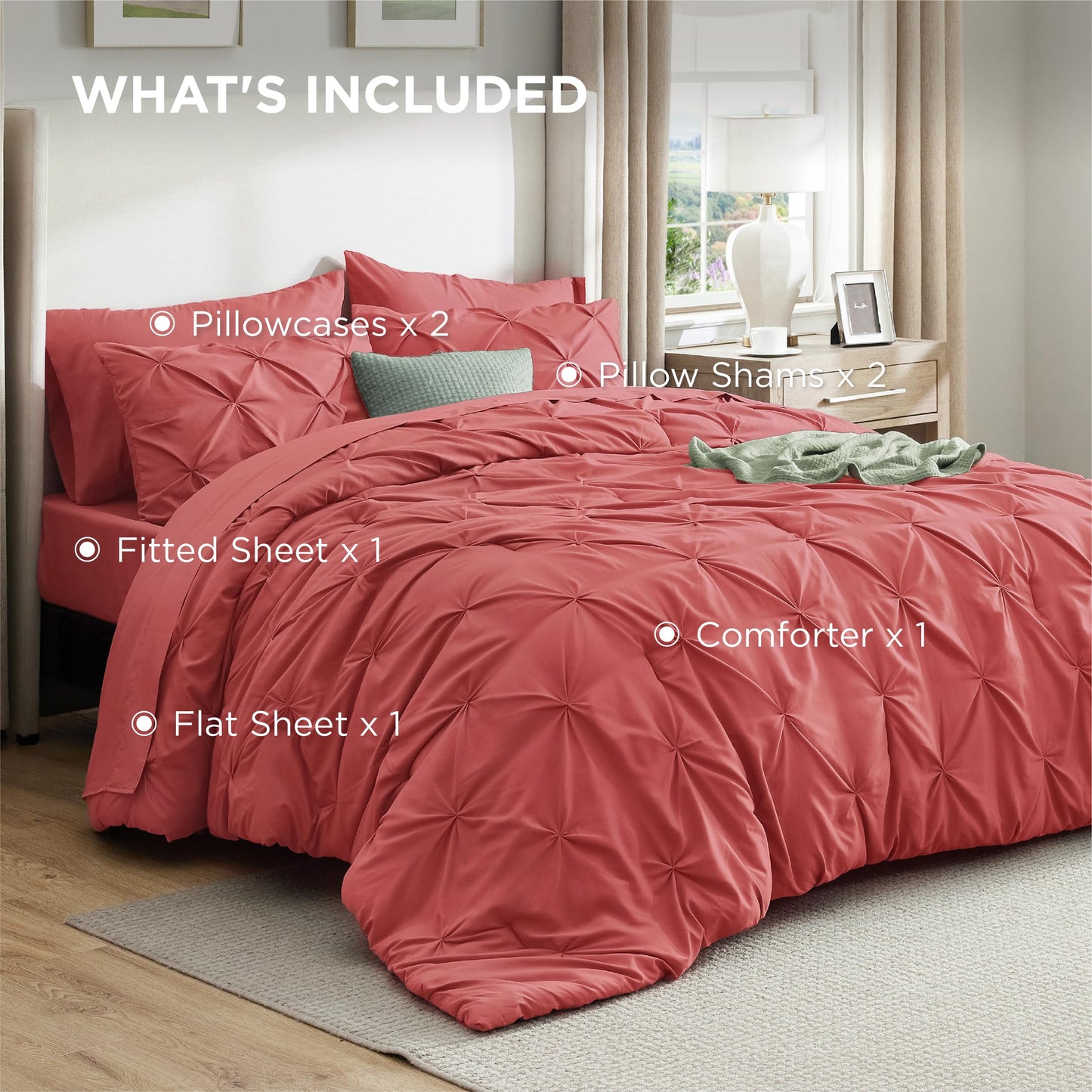 Bedsure Queen Comforter Set Coral Red - Bed in a Bag Queen Size Bedding 7 Pieces, GentleSoft™ Pintuck Bed Set Gift for Family, All Season Down Alternative Comforter with Sheets, Pillowcases & Shams