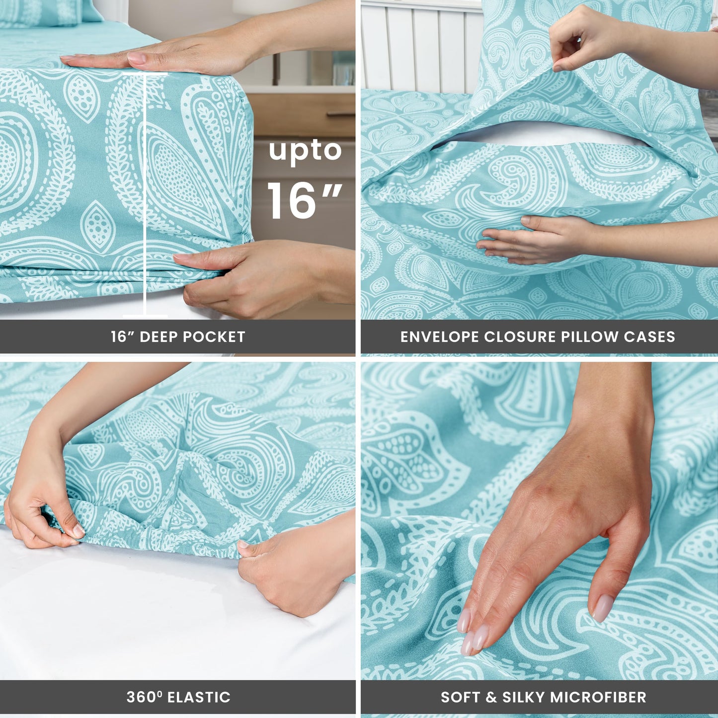 Ultra Soft Wrinkle-Free Microfiber Paisley Twin XL Sheet Set, Cute Floral Pattern Boho Print – 16" Deep Pocket Fitted Sheet, Flat Sheet & 2 Pillowcases, Breathable, OEKO-TEX - Blue