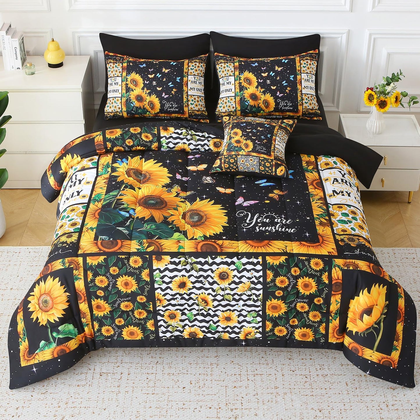 JQinHome Sunflower Comforter Set Twin for Girls Women,6 Piece Bed in A Bag 3D Black Sunflower Theme Butterfly Bedding Set with Sheet Set(Black)