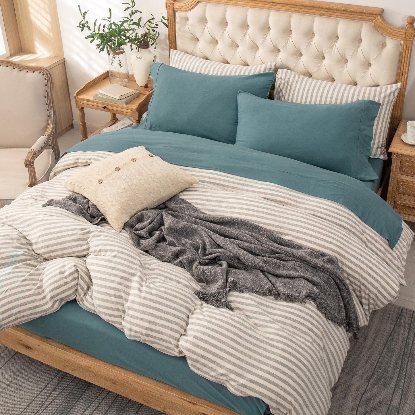 PURE ERA Jersey Knit 4pc Bed Sheet Set 100% T-Shirt Cotton Super Soft Comfy Breathable Fits Mattress Up to 20" Extra Deep Pocket (Solid Cerulean Blue, Queen)