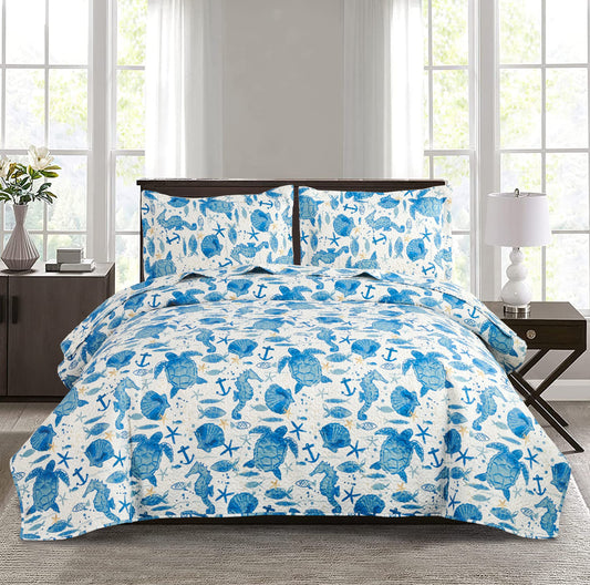 Coastal Beach Quilt Set - King Size Ocean Bedding Reversible Quilt - Lightweight Summer Bedsread Coverlet - Sea Turtle Blue