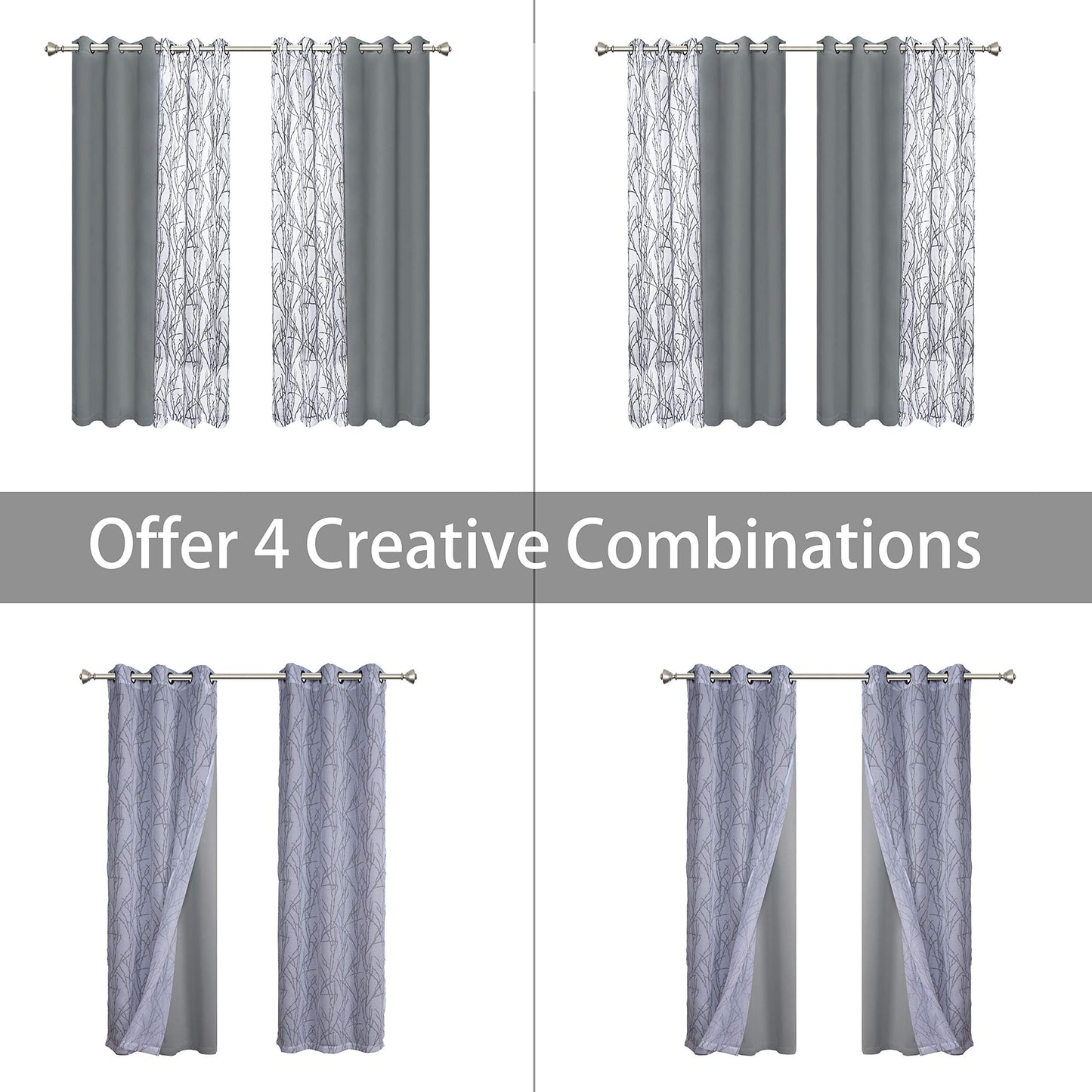 BONZER Mix and Match Curtains - 2 Pieces Branch Print Sheer Curtains and 2 Pieces Blackout Curtains for Bedroom Living Room Grommet Window Drapes, 37x84 Inch/Panel, Light Grey, Set of 4 Panels