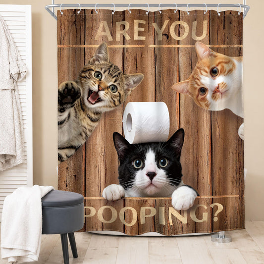 Homewelle Vintage Funny Cat Shower Curtain Retro Farmhouse Brown Plank Door Cute Animal Humorous Words Cartoon Hilarious 60Wx72H Inch Rustic Artistic Waterproof Polyester Fabric Bathroom Bathtub