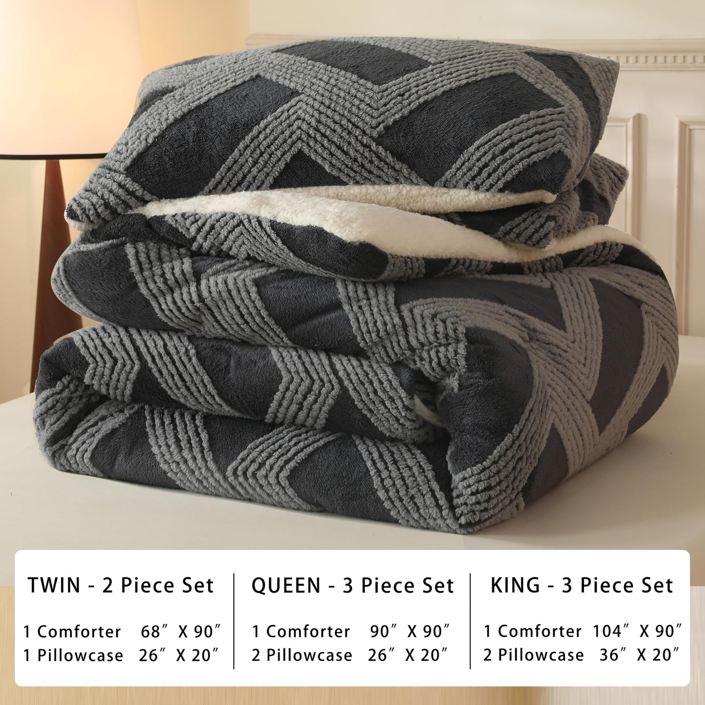 tohrisa Tufted Boho Comforter Set King - Grey Fluffy Sherpa Bedding Set, Soft Fuzzy Jacquard Quilt Set, 3 Pieces Cozy Bed Set Warm Comforter for Winter(104"X90")