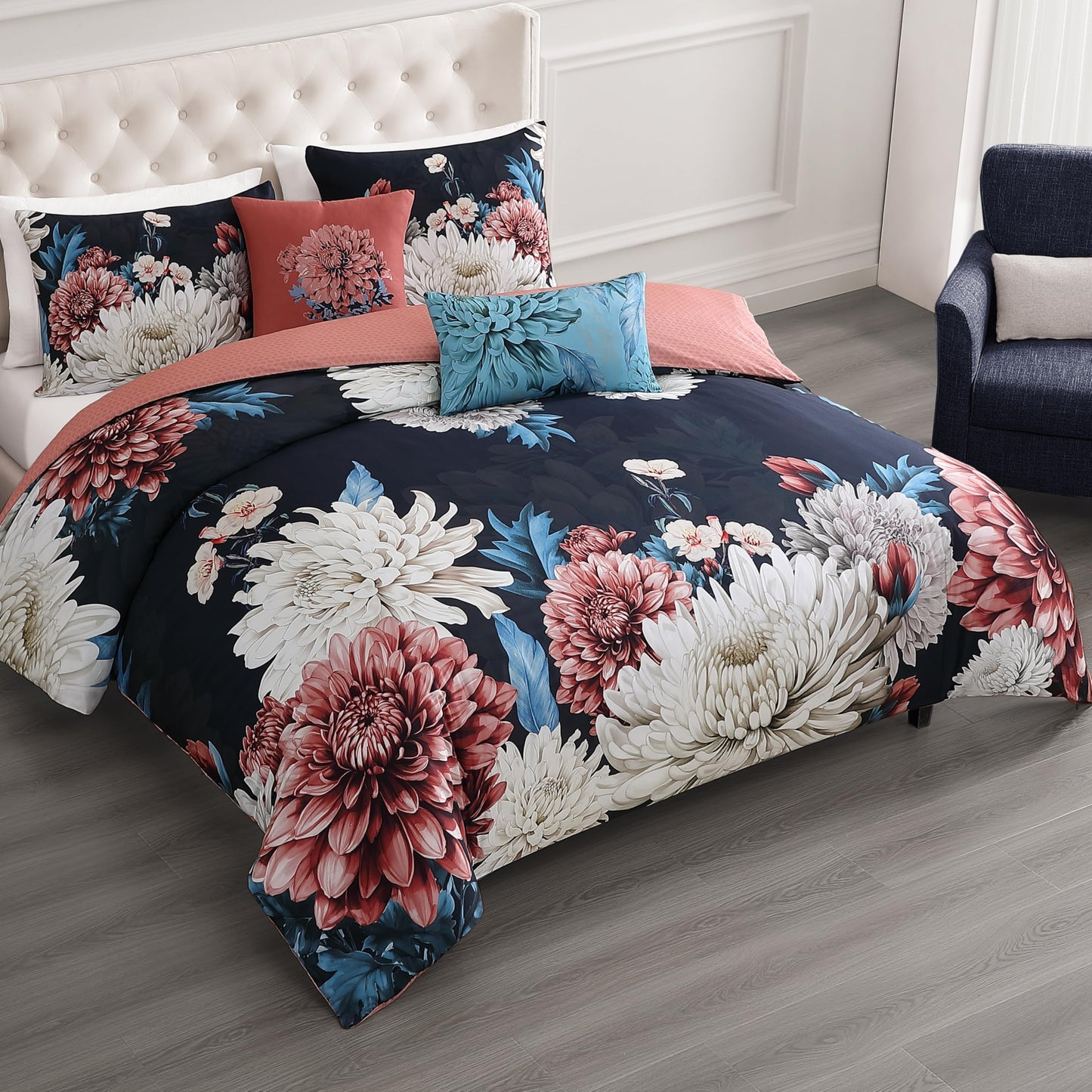 Bebejan Navy Mums 5 Piece Comforter Set, 100% Cotton Sateen, 220 Thread Count, Blue Reversible Bedding Comforter Set, 1 Comforter, 2 Shams & 2 Pillows (King/Cal King)