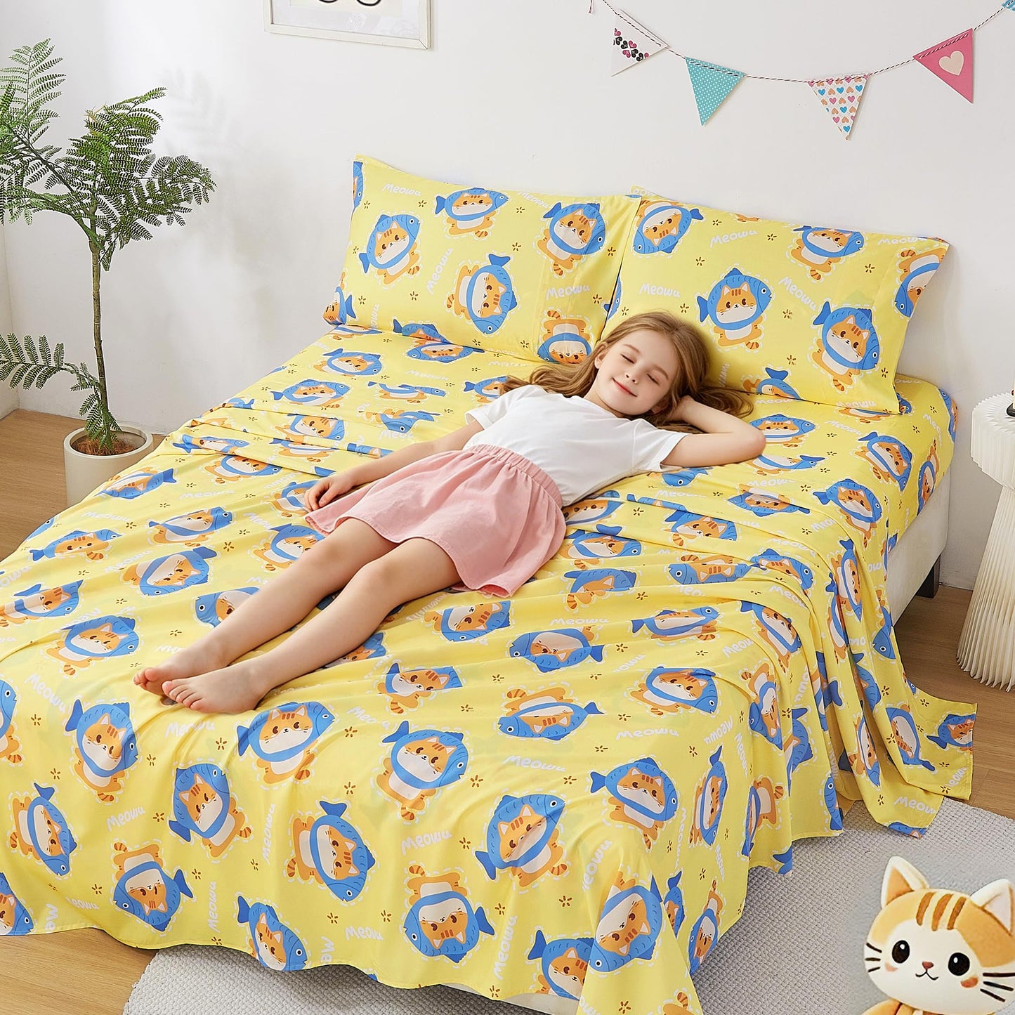CozySmile Full Sheet Set Kids,4 Pieces Breathable Soft Microfiber Bedsheets for Child Boys Girls, Oeko-TEX, Anti Pilling Deep Pockets Easy Care Bed Sheets, Cat Fish