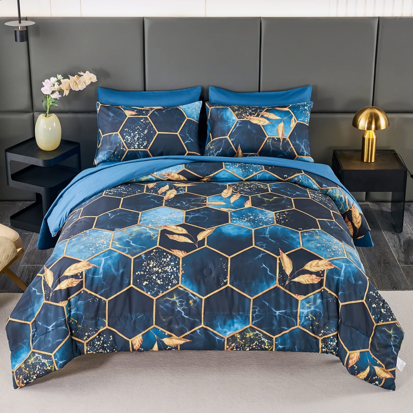 ANGIYUIN 7 Pieces Blue Gold Bed in A Bag Full Geometric Hexagon Theme Bedding Sets Gold Trim Comforter Set, Luxury Steel Blue Gold Foil Print Bed Sets with Pillowcases Sheets (Blue Full)