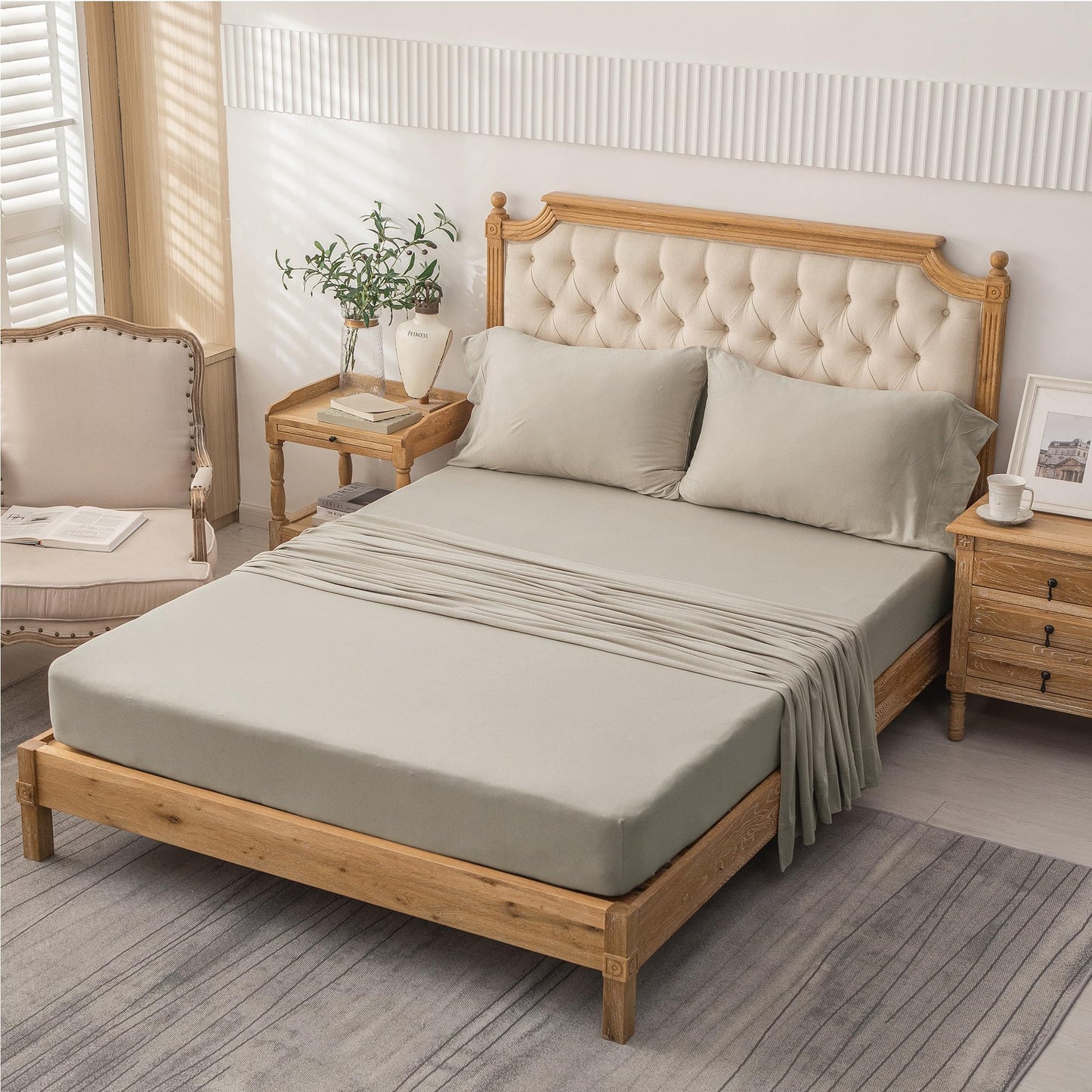 PURE ERA Jersey Knit 4pc Bed Sheet Set 100% T-Shirt Heather Cotton Super Soft Comfy Breathable Fits Mattress Up to 20" Extra Deep Pocket (Dark Beige,Queen)