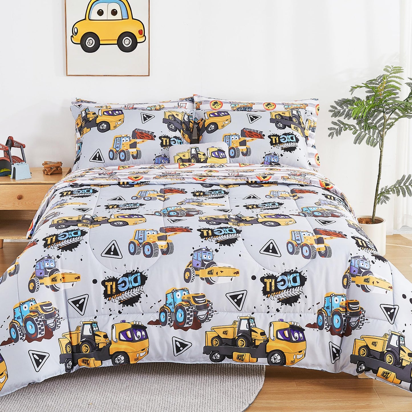 Mooreeke Kids Twin Comforter Sets for Boys 6 Pieces Heavy Duty Vehicle Bedding Set for Teens Microfiber Engineering Truck Kids Bed in A Bag with Comforter, Sheet Set, Shams and Decorative Toy Pillow