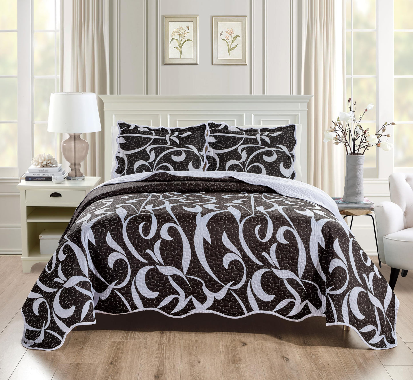 Grand Linen 3-Piece King Size Wave Edged Oversized Quilt Set 120 inch X 106 inch All Seasons Extra Large Bedspread, Pillow Shams Lightweight Soft Coverlet Black White Colors Bed Cover Scroll Pattern