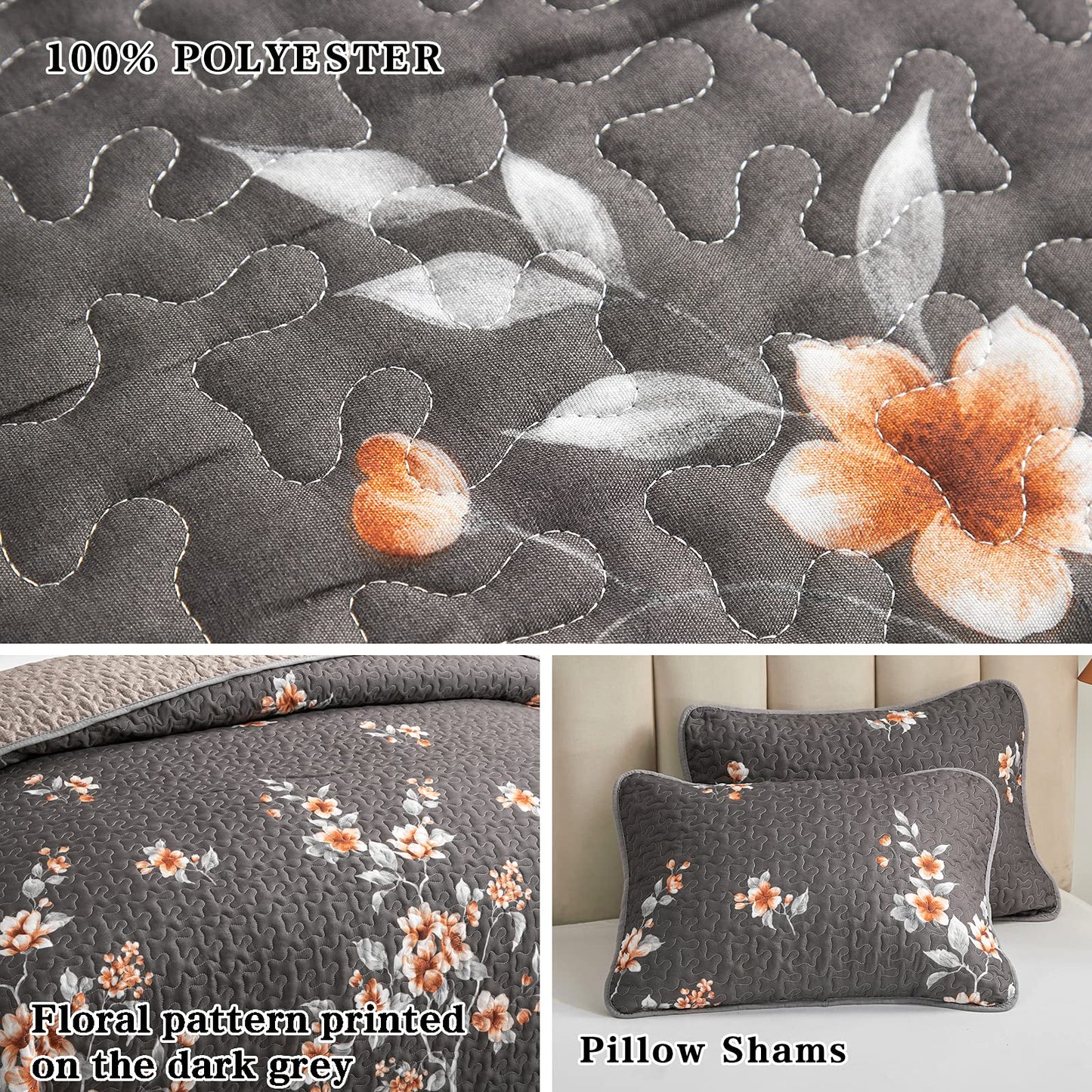 Flysheep 3 Pieces Quilt Set Full/Queen Size, Dark Gray Floral Reversible Bedspread Coverlet Set, Soft Microfiber Lightweight Bed Cover for All Season (90" x 90", 1 Quilt+ 2 Pillow Shams)