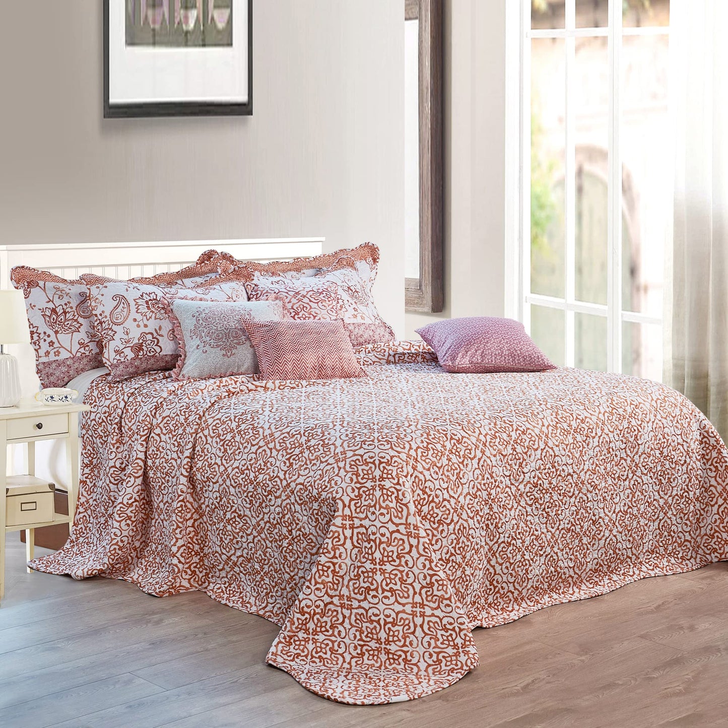 Home Soft Things 9-Piece Oversized King Bedspread Set - 122” x 106” Lightweight Reversible Microfiber Quilt Coverlet Bedding - All Season Farmhouse Chevron & Floral Scroll - Coral Orange/Off-White